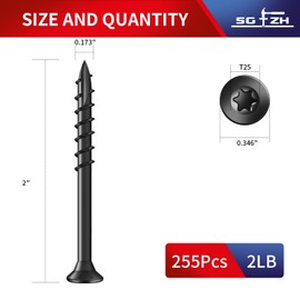 SG TZH #8 x 2 Inch Deck Screws (255Pcs) 2lb. Exterior Wood Screws. Carbon Steel, Black, Flat Head, Rust Resistant epoxy Coated, with T25 Star Bit