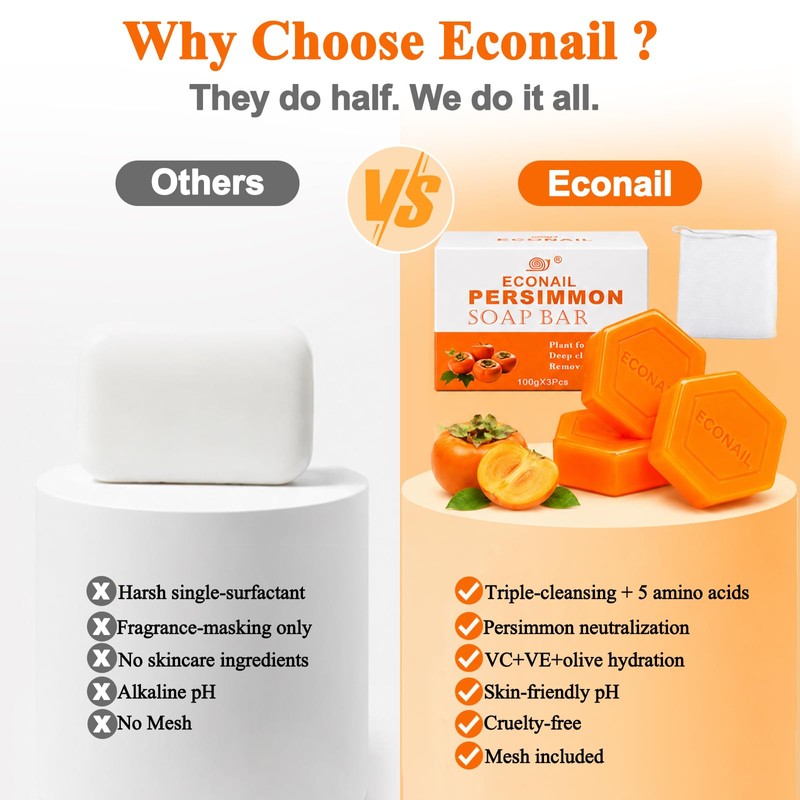 Econail Persimmon Soap for Body Odor with Mesh, Natural Deodorant