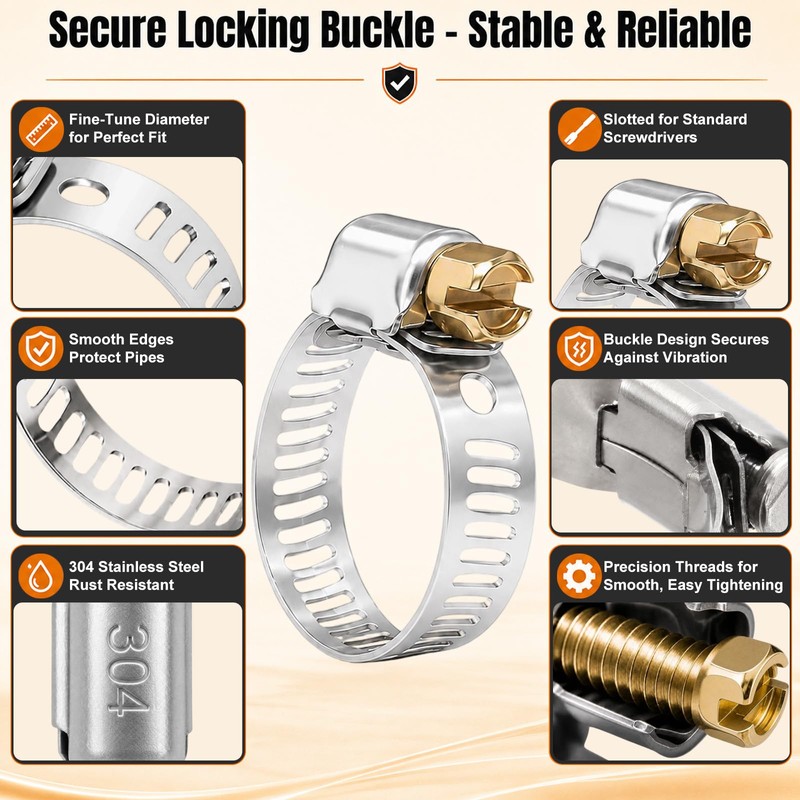 20PCS 304 Stainless Steel Adjustable Hose Clamps, Range 7/16" to