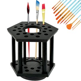 LITAITAI Rotating Paint Brush Holder 25 Holes Bamboo Display Drying Stand Artist Paint Brush Organizer Watercolor Brush Stand Rack Paint Brush Art Supply Organizer-Black