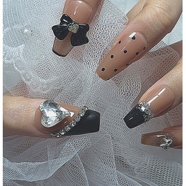 [In-store special discount]Nude black ribbon dot handmade nail tips - Stiletto / [입점초특가할인]누드블랙 리본 도트 수제네일팁 - 스틸레토