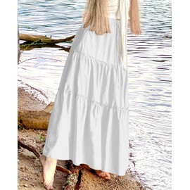 NASHALYLY Skirts for Women Boho Elastic Waisted Drawstring Swing Ruched 3 Tiered Maxi Skirt with Pockets(White,S)