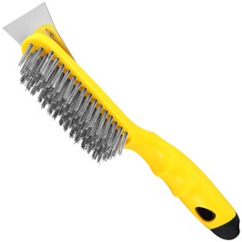 Chanharm 10.95" Wire Scratch Brush with Metal Scraper, Long Plastic Handle and 79 Bundles of Stainless Steel Bristles, Heavy Duty for Dust Paint Scrubbing, Dirt Rust or Welding Slag Removal