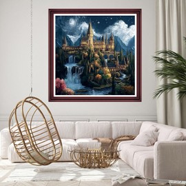DMCCRAFT Stamped Cross Stitch Kits for Adults 11CT Printed Cross-Stitch Patterns Embroidery Kits Easy Cross Stitching Needlepoint Kits Crossstitch-Magic Castle Waterfall 18x18 inch