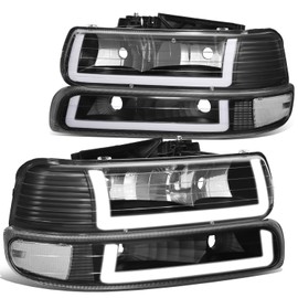 DNA MOTORING LED Light Bar Type-2 Headlights Compatible With 99-02 Chevy Silverado 1500 2500 01-02 Silverado 1500HD 2500HD 3500 00-06 Suburban 1500 2500, Black/Clear, HL-LB2-CSIL99-BK-CL1