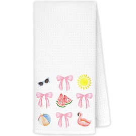 JINYO Coquette Pink Bow Summer Kitchen Towels, Pink Coastal Beach Hand Towels for Bathroom, Coquette Room Decor, Summer Dish Towels Tea Towels for Kitchen, Preppy Beach Room Decor, 16x24 Inch