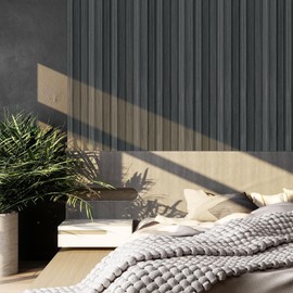 Shackcom Wood Slat Wallpaper Peel and Stick, 17.5" x 393.7" Black Self-Adhesive Wood Grain Contact Paper, 3D Effect Waterproof & Removable for Home Bathroom Bedroom Countertops & Cabinets Wall Decor