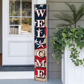 12x72"H Americana "Welcome" Wooden Porch Sign, 6ft Patriotic Farmhouse Decor For Front Porch, Rustic Patio Entryway Front Door Welcome Sign, USA Flag Home Wall Art, Outdoor Indoor Country Decoration