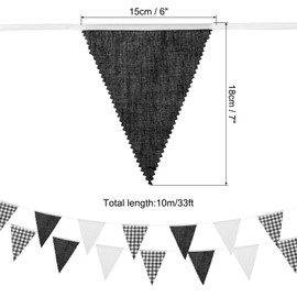 MECCANIXITY 33ft Black White Plaid Checkered Pennant Banner, 36 PCS Triangle Flags Fabric Bunting Banner for Birthday Wedding Outdoor Garden Decor