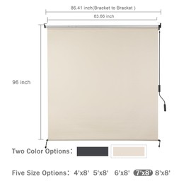 COWVIE Outdoor Solar Fabric Roller Shade 7'W x 8'H, 5% Openness UV Protection Cordless Sun Shade for Patio Gazebo Pergola or Porch