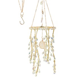 Crystal Hanging Suncatcher with Natural Stone, 16.9 Inch Decorative Wind Chime, Gold Chain & Branch Design (Aurora)