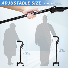 Adjustable Walking Cane for Men & Women with 4-Pronged Base for Extra Stability - Foldable Cane for Seniors with Foam Padded Offset Handle for Soft Grip & a Second Handle for Standing Black