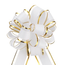 sourcing map 10pcs 4 Inch Large Big Pull Bow with Gold Edge, Organza Car Gift Wrapping Bow Ribbon for Wedding Car Baskets Presents Christmas Bow, White