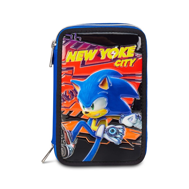 Seven Sonic Pencil Case for School with 3 Zips, Red,