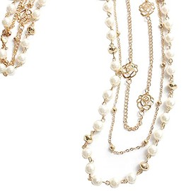 Luxe Mimosa 3 Row Long Necklace, Women's Popular, Camellia Charm, Pearl Necklace, Gold Chain, Long, Casual, Wedding, Invitations, Alumni Association, Thank You Party, Platinum, Pearl