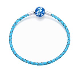 FOREVER QUEEN Genuine Blue Braided Leather Bracelet with 925 Sterling Silver Snap Clasp Charms CZ for Women Teen Fits European Beads Charm