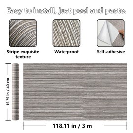 WADILE Grasscloth Wallpaper Peel and Stick Linen Stripes Wall Paper 15.7 in x 118.1 in Fabric Contact Paper Textured Linen Wallpaper Self-Adhesive Thick Vinyl Embossed Wallpaper (Light Gray)