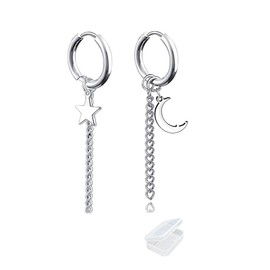 XHBTS Men Korean Style Stainless Steel Non-Piercing or Piercing Dangle Earrings, Star and Moon Earrings with Mini Cloth and Mini Box