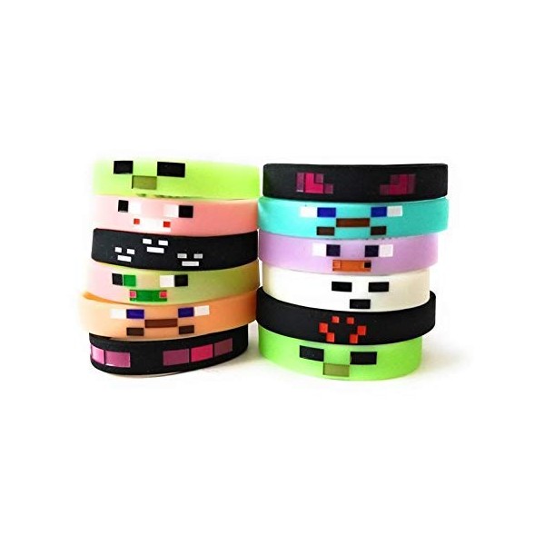 MINING PIXELATED GLOW IN THE DARK Bracelets Wristbands Kids Birthday Party Favors Supplies Video Game (12 pack)
