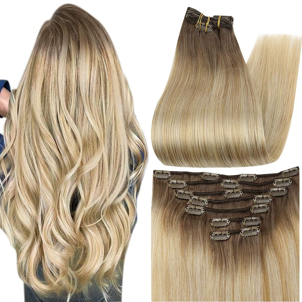 Full Shine Hair Extensions Clip in Human Hair 22 Inch Clip in Hair Extensions Ombre Color 6 Brown to 27 and 60 Platinum Blonde Clip in Extensions Real Hair Remy 100 Gram 7 Pieces