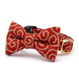 Poponcat Cat Collar with Ribbon, Arabesque Uzumaki, Safety Buckle, Bell Included, Bald Resistant (Red, S)
