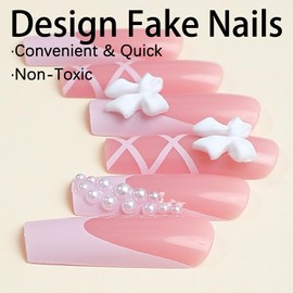 Press on Nails Coffin Long French 24Pcs Glossy Full Cover Acrylic Square Pink False Nails with Pearl Bow Designs Artificial Ballerina Fake Nails with Glue Stick on Fingernails for Women Girls