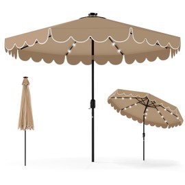 Tangkula 9 FT Solar Patio Umbrella, 2-Tiers Scalloped Outdoor Table Market Umbrella with 32 LED Lights, Vented Top, Tilt Adjustment, Crank, 8 Ribs for Backyard Poolside Deck Beach Lawn (Coffee)