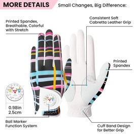LOVMEAD Women's Golf Glove Golf Gloves Leather with Ball Marker All Weather Left Right Hand Pair Women's Golf Gloves Rain Grip Weathersof Non-Slip Sports (Multicoloured, S)