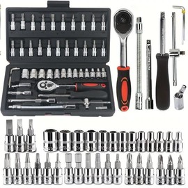 46 Pieces 1/4 inch Drive Socket Ratchet Wrench Set, with Bit Socket Set Metric and Extension Bar for Auto Repairing and Household with Storage Case:_46pc black Ratchet Wrench Set