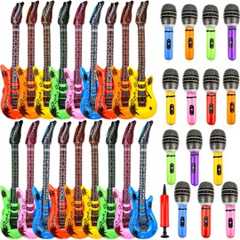 33 Pack Inflatable Rock Star Toy Set Include 18 Pcs Inflatable Guitar Bulks 15 Pcs Blow up Microphone and 1 Pcs Red Air Pump for Kids Birthday Party Decoration 80s 90s Musical Party Favors
