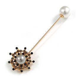 Blue/Grey Crystal with Grey/White Faux Peal Snowflake Lapel, Hat, Suit, Tuxedo, Collar, Scarf, Coat Stick Brooch Pin In Gold Tone - 65mm L