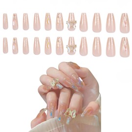 MAEXUS 24pcs Long Nail Tips Fingernails Nail Tips Long Finger Suit Nail Tips Cute Unique Design Trapezoid Style Bling Aurora Crystal Butterfly