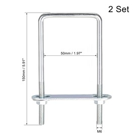 sourcing map Square U-Bolts 2"(50mm) Inner Width 150mm Length Carbon Steel M6 with Nuts, Plate, Washers 2 Set