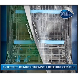 CARE+PROTECT – 3-in-1-Entkalker für Wasch- und Geschirrspülmaschinen / Universalreiniger und Fettlöser / beseitigt unangenehme Gerüche / energiesparend / Pulver in 12 Portionsbeuteln