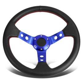 Auto Dynasty 350mm Blue 3 inches Deep Dish 3-Spoke PVC Leather with Red Stitching Racing Steering Wheel