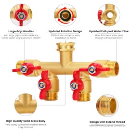 FINEST+ 4 Way Brass Hose Splitter, Solid Brass High Volume 4 Way Hose Splitter Valve with Metal Handle, Hose Connector 3/4", Hose Spigot Adapter 4 Valves with 4 Extra Rubber Washers