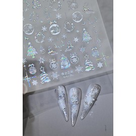 Christmas Nail Art Stickers 5D Embossed Laser Silver Xmas Tree Nail Stickers Elk Crystal Ball Wreath Snowflake Nail Decals for Women Girls Winter Holiday Manicure DIY Nail Supplies