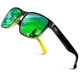 LINVO Polarised Sunglasses Men Women Mirrored Fashionable UV400 Protection Driving Fishing CAT 3 CE, Green & Yellow Frame | Green Lens