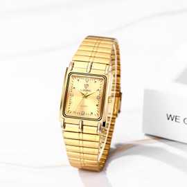 JewelryWe Gold Square Couple Watches: Analog Quartz Waterproof Stainless Steel Casual Dress Wristwatch for Men Women