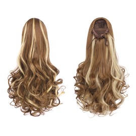 FESHFEN Drawstring Ponytail Extension, 15 inch Classic Loose Curly Wavy Synthetic Pony tails Hair Extensions Hairpieces for Women, Brown & Blonde