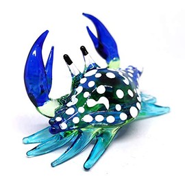 ZOOCRAFT Glass Animals Crab Figurine Blue Hand Blown Painted Art Miniature Coastal Decor Style Spirit Animals