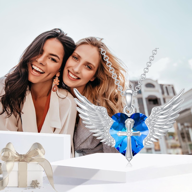 Flpruy Angel Wings Necklace with Cross Sterling Silver Guardian Angel