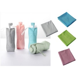 ANIFM Gift for Father Day and Graduation, New Portable Silicone Collapsible Water bottle with Cooling Towel for Traveling and Outdoor Sports,600ml BPA Free Water Bottle,Summer Essentials (Pink)