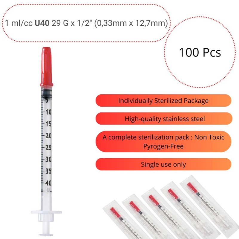 Pack of 100pcs 1 ml/cc U40 Plastic Tube 29G (0.33