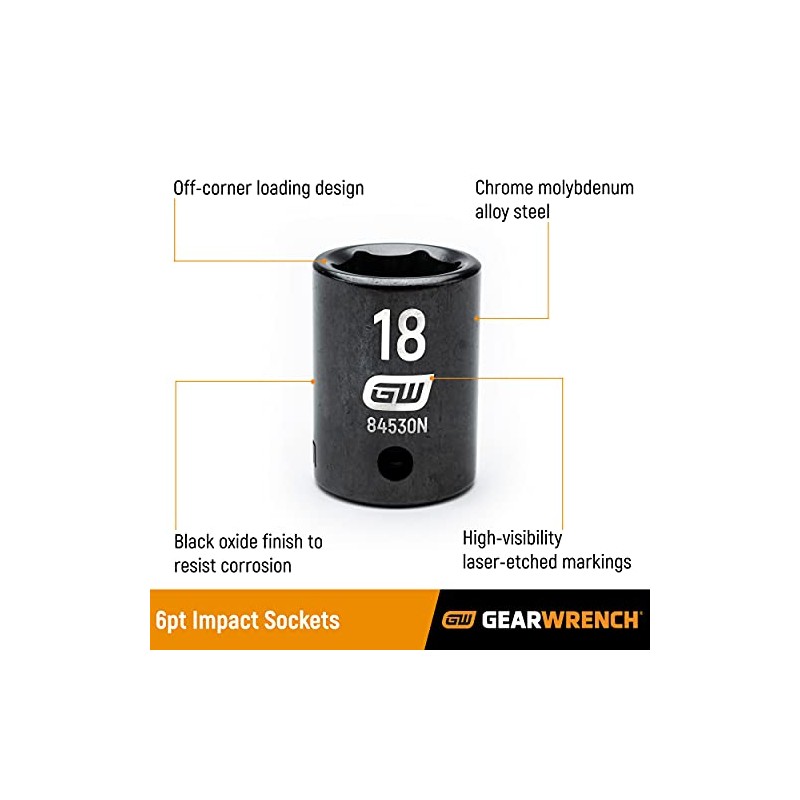 GEARWRENCH 19 Pc. 1/2" Drive 6 Pt. Standard Impact Socket