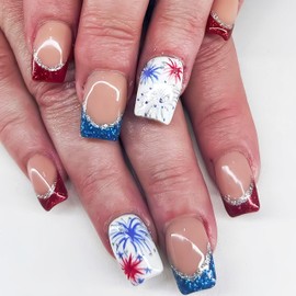 4th of July Press on Nails Square Medium Fake Nails with Glitter Firework Designs Red Blue French Tip Silver Glitter Line Glue on Nails Patriotic Stick on Nails for Women Independence Day Manicure