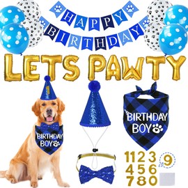 STMK Dog Birthday Party Supplies, Multi Sizes Dog Birthday Bandana Boy Dog Birthday Hat with Numbers Bow Tie Birthday Banner Lets PAWTY Balloons for Large Extra Large Dogs Pets (X-Large, Blue)