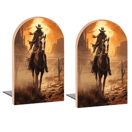 Buyidec Book Ends Cowboy Western Wood Bookends for Shelves to Hold Books Heavy Duty Non-Skid Book Stoppers Wood Decorative Home Office School