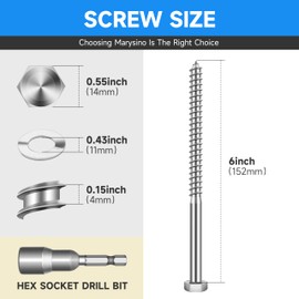 (8-Set) 3/8 x 6 Lag Bolts, Stainless Steel Heavy Duty Hex Head Lag Screws for Wood, ASME B18.2.1 Commercial/Industrial Grade Mounting Screws Bolts Kit by Marysino