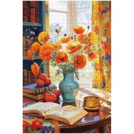 GLASSWINDS Flowers Jigsaw Puzzles for Adults 1000 Pieces, 27.5” X19.6” Blooming Bookshelf Art Puzzle Challenging Colorful Vase Puzzles Beautiful Home Decor Unique Birthday Gift for Puzzle Lovers